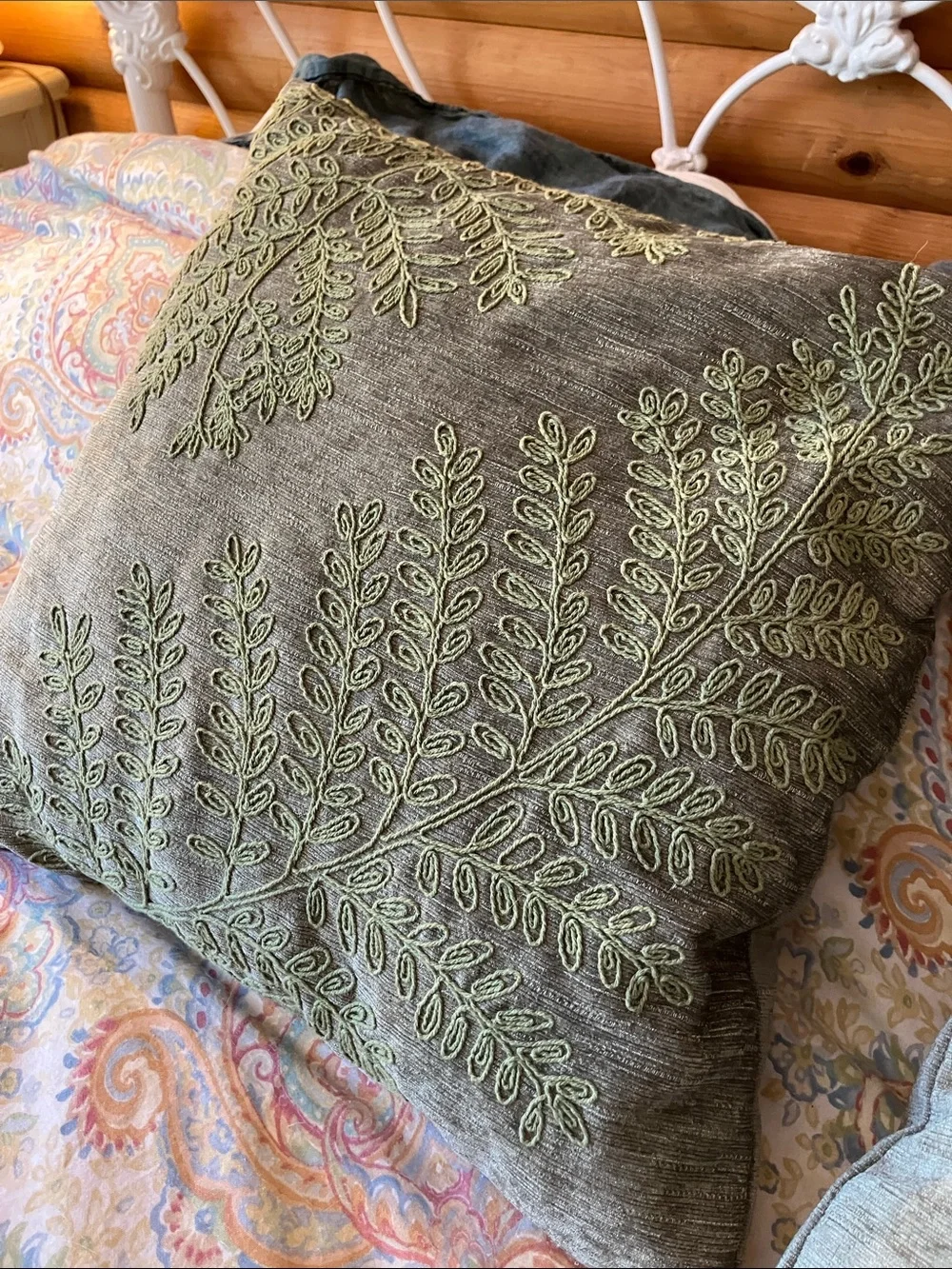 Embroidered fern pillows cottagecore natural home green set of 2 throw pillows
